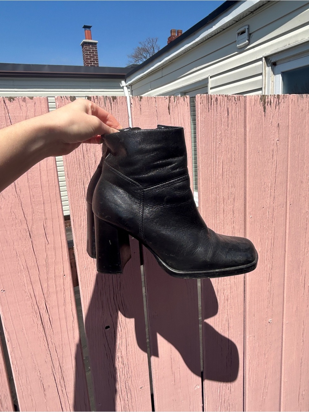 Women's Black Leather High Block Heel Ankle Boot